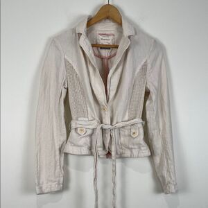 Cartonnier Women's 2 Cream Linen Blend Blazer Tie Waist Anthropologie Mesh Sides